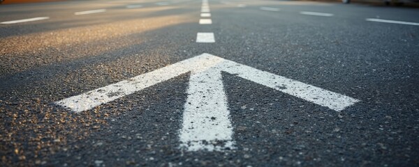 White arrow painted on asphalt road surface guides direction forward. Dashed white lines mark traffic lanes on dark grey pavement. Sunny day implies travel and movement.