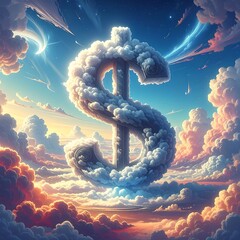 A fluffy, cloud-like dollar sign hovers in a bright, surreal sky filled with soft clouds and dreamy celestial light