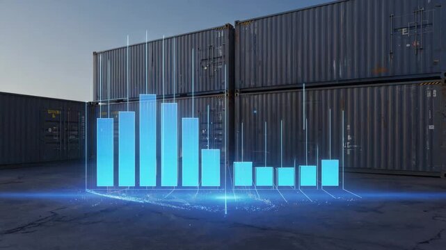 Digital descending bar graph visualization projected in cyan light onto shipping containers, logistics concept.