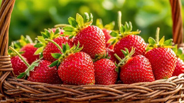 Juicy ripe strawberries in a woven basket.