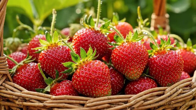 Fresh ripe strawberries in a woven basket on display.