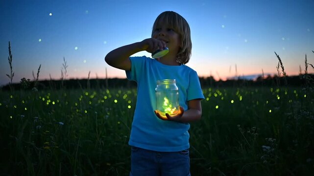 Child in a field releases glowing fireflies at dusk.