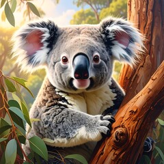 A fluffy koala nestled in a eucalyptus tree with sunlit foliage, creating a warm, inviting scene