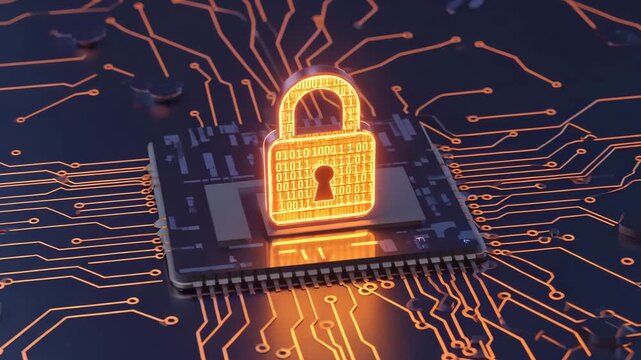 Glowing orange padlock icon emerging from a computer processor chip and circuitry, data concept.