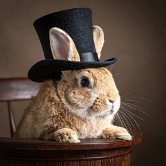 A fluffy, light brown rabbit with a black top hat sitting on a wooden barrel against a neutral backdrop