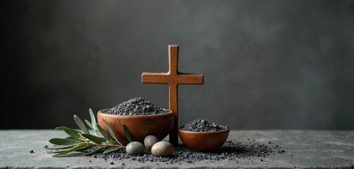 Wooden cross with bowls of ash and olive branch. Spiritual symbols for Ash Wednesday, Lent, penitence, and faith. Represents repentance and mortality with earthy tones.