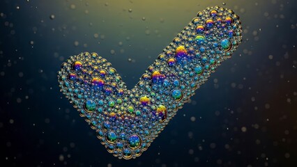 Abstract Checkmark Symbol Made of Sparkling Colorful Particles on Dark Background.