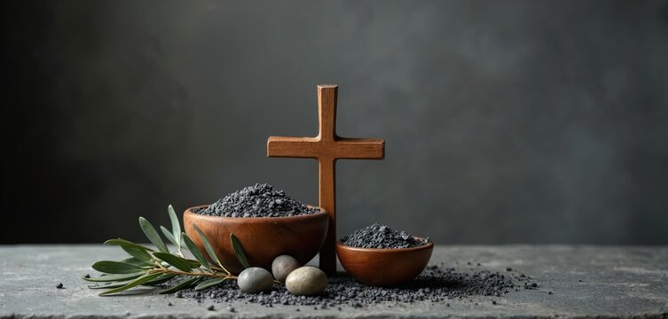 Wooden cross with bowls of ash and olive branch. Spiritual symbols for Ash Wednesday, Lent, penitence, and faith. Represents repentance and mortality with earthy tones.