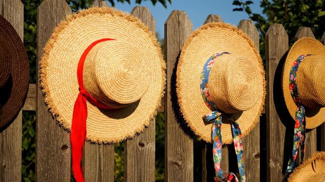 Straw Hats Hanging on a Wooden Fence with Ribbons in Sunlight.