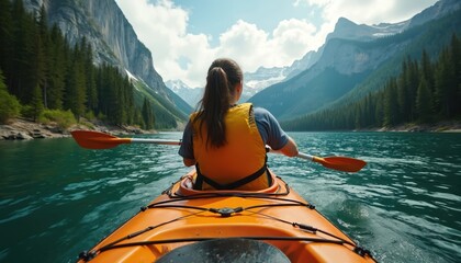 Woman kayaks on tranquil lake surrounded by tall mountains and pine forest. She paddles through clear blue water on a sunny day. Enjoying scenic nature during solo adventure.