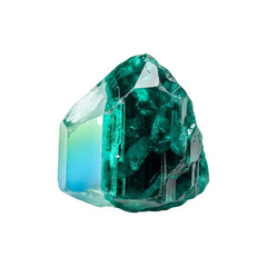 Stunning raw emerald gemstone with vibrant green hues and natural crystalline structure, isolated on a white background