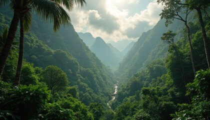 Rich green valley with dense rainforest and mountains shrouded in mist. A winding river flows through the landscape under soft sunlight and clouds.