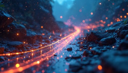 Abstract glowing lines create a path through rocky terrain. Orange sparks float in the dark blue atmosphere. This mystical scene suggests energy flow and digital connection in nature.