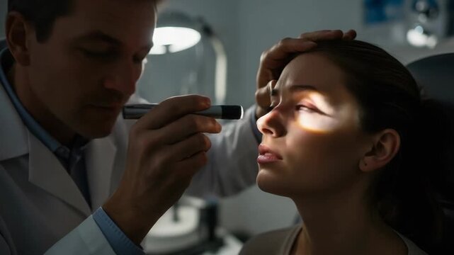 Ophthalmologist examines patient's eye with penlight in dark examination room.