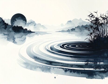 湖の波紋(sumi-e)
