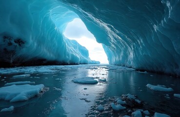 Blue ice cave interior with floating ice chunks on water surface. Vast glacial tunnel in Iceland offers amazing frozen landscape view. Natural ice formations glow with soft light.