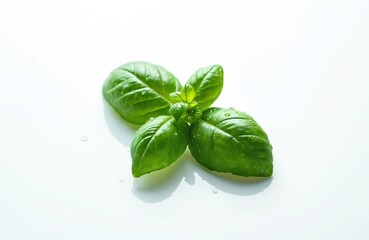 Fototapeta premium Fresh green basil leaves with water drops on white surface. A sprig of organic herb for cooking. Blank background for text or labels. Culinary ingredient.