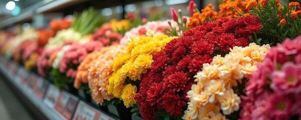 Assorted fresh flowers in colorful bunches displayed on supermarket shelves. Various blooms like tulips, chrysanthemums arranged in retail setting for sale. Customers choose bouquets for special