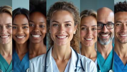 Diverse group of smiling medical professionals in scrubs and lab coats. Their faces are arranged vertically, showing teamwork and care in healthcare. People share positive outlook for patient health.