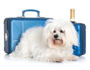 A fluffy white dog rests between two blue suitcases and a champagne bottle against a bright white background