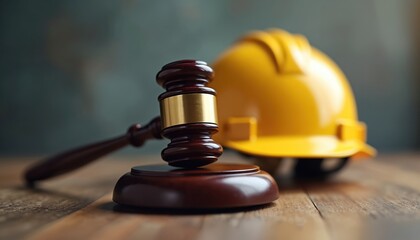 Judges gavel rests near yellow hard hat on wooden table. Symbolizes workplace safety legal issues disputes or construction accident claims litigation.