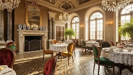 Elegant Dining Room with Ornate Chandeliers and Set Tables.