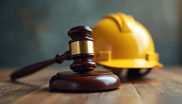 Judges gavel rests near yellow hard hat on wooden table. Symbolizes workplace safety legal issues disputes or construction accident claims litigation.