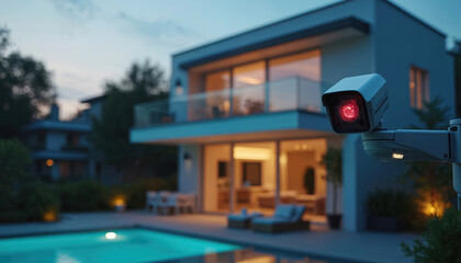 Modern house with pool at dusk watched by security camera. Red indicator light shows active surveillance for protection. Smart home technology ensures safety and peace of mind.
