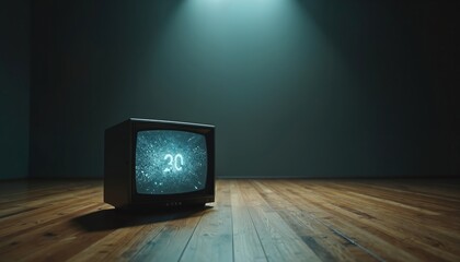 Retro TV monitor sits on wood floor emitting bright static. Spotlight illuminates room void of walls. Old tech displays number 20. Vintage broadcast era.