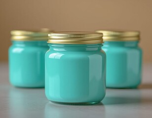 Three turquoise jars with golden lids arranged on a light surface. The jars are filled with a smooth, glossy substance, creating a vibrant and modern aesthetic.