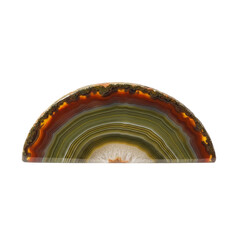 Beautifully banded slice of agate with vibrant green, orange, and brown layers, showcasing its intricate natural patterns and polished surface on a white background