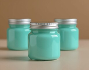 Three glass jars filled with turquoise paint. The jars have silver metal lids and are placed on a neutral background.