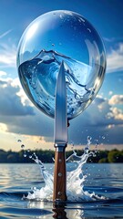 A knife pierces a water-filled sphere against a sky & lake backdrop, creating splash and reflections