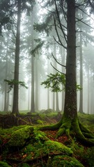 A misty forest scene with tall, slender trees and moss-covered ground creating an ethereal, serene atmosphere