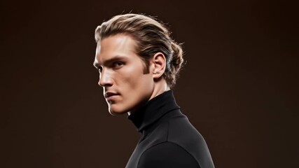 Portrait of a man with slicked back hair in studio lighting.