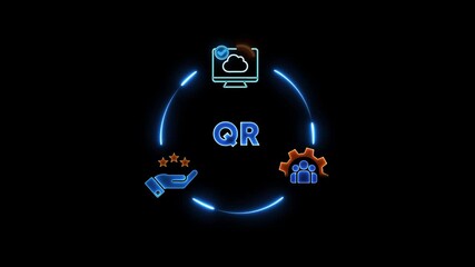 Q R code technology symbol with cloud computing and teamwork in neon style on black background for business and innovation concepts - Powered by Adobe