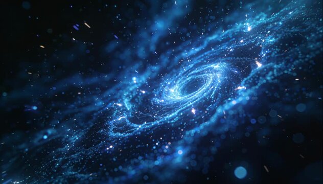 Abstract cinematic closeup of a blue cosmic nebula swirl with glowing stardust particles and shimmering light rays in a deep space void representing a galaxy or black hole portal