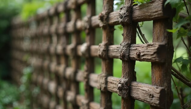 Old wooden garden trellis with overgrown vines and branches, providing rustic boundary. Aged wooden structure supports plants, adds natural texture to outdoor space.