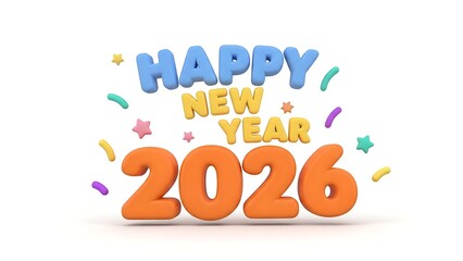 3D rendering of colorful bubble letters spelling 'Happy New Year 2026' with confetti and stars on a white background.
