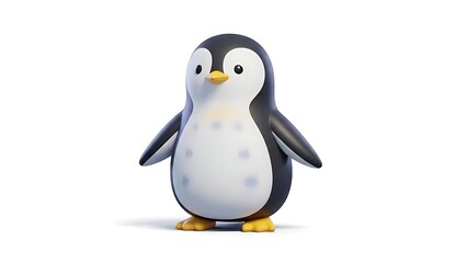 Fototapeta premium A cute 3D rendered cartoon penguin with a yellow beak and feet stands upright on a white background.