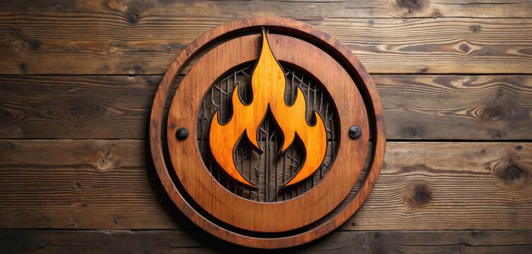 Rustic wooden logo with fiery grill emblem. Symbolizes outdoor cooking, summer BBQs, and delicious food. Use for restaurant menus, party invites, or food blogs about grilling.