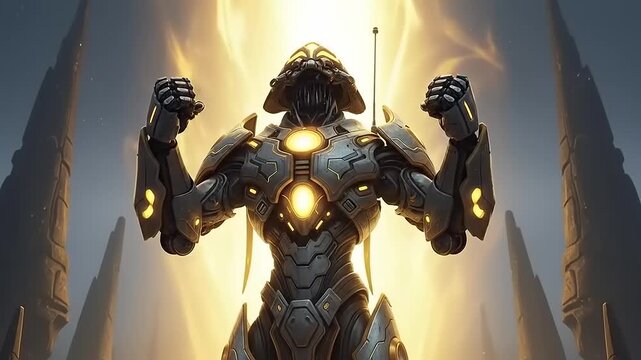 Futuristic Robot Warrior Illuminated by Golden Energy.