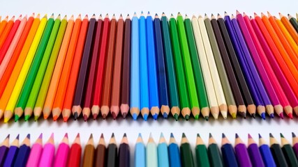 Arranged rows of colored pencils arranged neatly in a vibrant spectrum, showcasing sharp tips