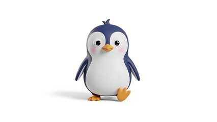 Obraz premium Adorable cartoon penguin with blue and white feathers, orange beak and feet, standing on a clean white background, looking forward with a cute expression.