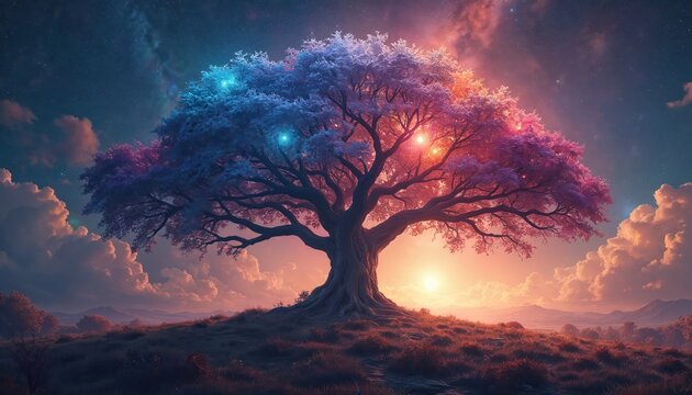 Vibrant fantasy tree glows with cosmic light against twilight sky. Nebula clouds, distant stars create magical, otherworldly scene. Majestic tree stands on grassy hill, mystical, surreal landscape