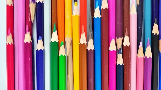 A vibrant close-up of a collection of sharpened colored pencils, arranged in a vertical pattern