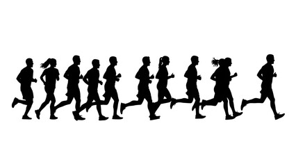 A striking silhouette image of a group of people running or jogging, set against a clean white background, perfect for illustrating themes of fitness, health, and competition
