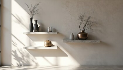 Minimalist interior design. Two white floating shelves on a beige wall hold vases and decor. Natural light casts shadows on the floor and wall.