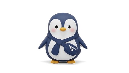 Obraz premium Adorable cartoon penguin figurine wearing a blue scarf and shoulder bag on a white background.