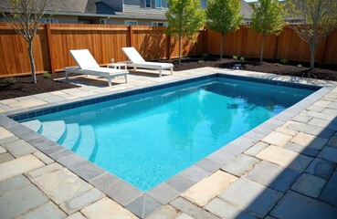 New backyard swimming pool with clean blue water and stone patio. Two white lounge chairs sit by a wooden fence. Landscaping is in progress with young trees and dark mulch covering the ground.